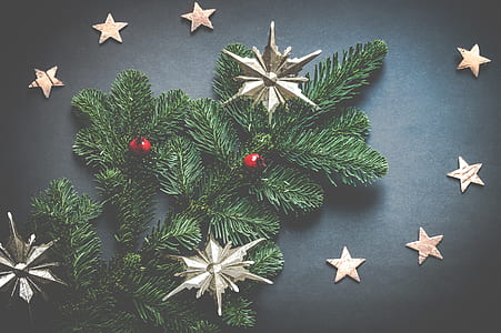 green and gold Christmas decors on black surface thumbnail