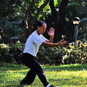 man in white shirt doing tai chi on grass field thumbnail