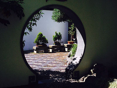 round mirror with brown wooden frame thumbnail