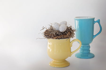 yellow and teal ceramic footed mugs with three eggs thumbnail
