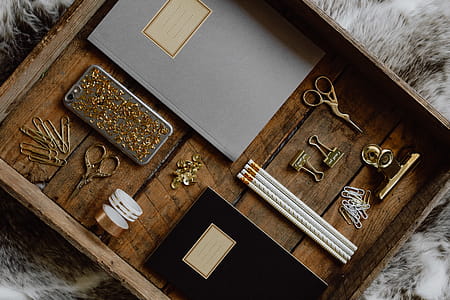Office accessories on an old wooden tray thumbnail