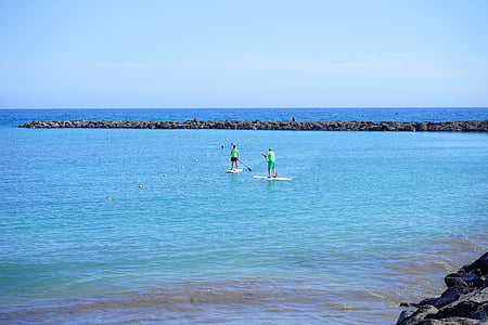 two person paddle boarding on body of water thumbnail