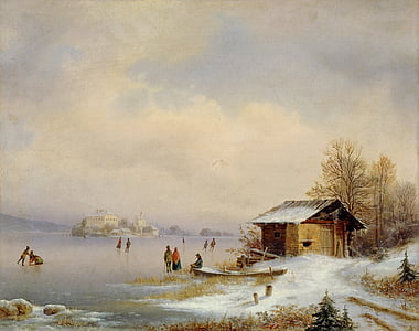 painting of people near a brown cottage thumbnail