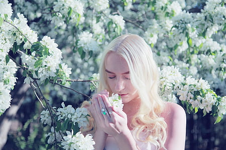 woman smelling white flower during daytime thumbnail