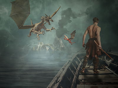 man holding ax standing on boat facing dragon digital wallpaper thumbnail
