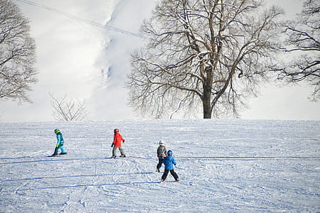 four children playing on snow at daytime thumbnail