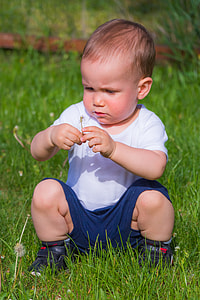 baby sitting on green grass holding white flower during daytime thumbnail