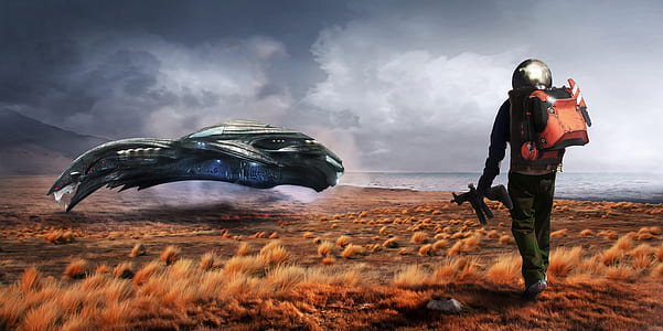 astronaut holding backpack and rifle walking towards space craft digital wallpaper thumbnail