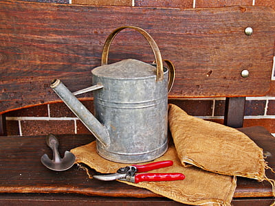 gray steel watering can on brown wooden table thumbnail