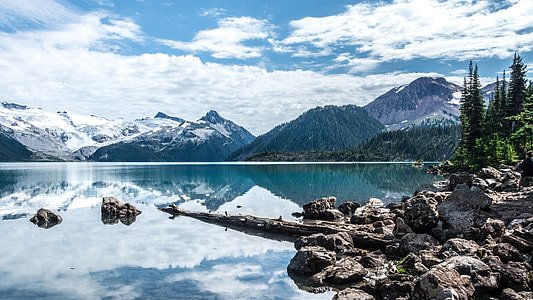 snow covered mountains near lake under cloudy blue sky thumbnail