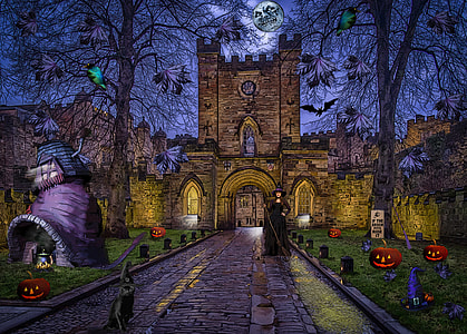 witch standing on castle facade illustration thumbnail