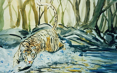 tiger on body of water painting thumbnail