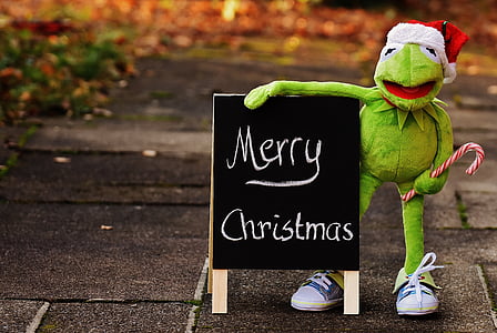 brown Hermit the Frog plush toy holding Merry Christmas signage thumbnail