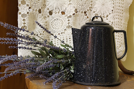 black ceramic pitcher and lavender flower thumbnail