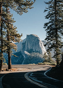 empty road between two green leaf trees near mountain thumbnail
