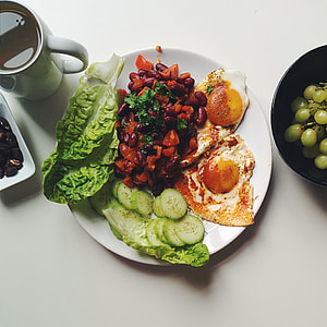 Proper healthy breakfast eggs, beans and vegetables thumbnail