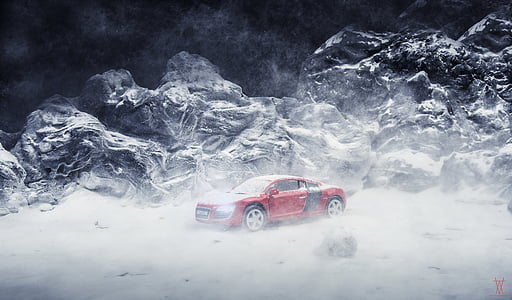 red coupe near mountain covered with snow during daytime thumbnail