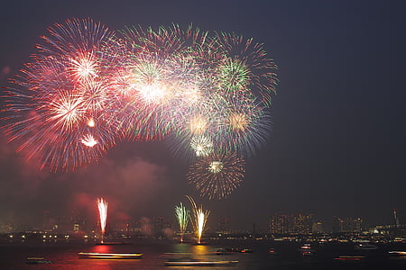 time lapse photography of body of water under fireworks thumbnail