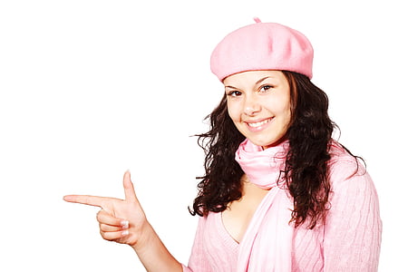 close-up photo of woman wearing pink beret and pink scarf thumbnail