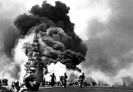 USS Bunker Hill after being hit with Kamikaze Planes at Okinawa, World War II thumbnail