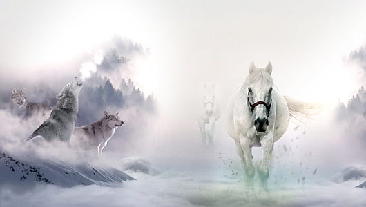 white horses and wolves on a clouds painting thumbnail