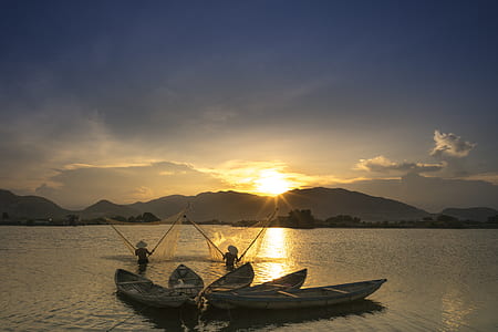 five white boats on body of water at golden hour thumbnail