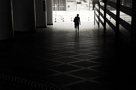 silhouette of person walking inside dim lighted building thumbnail