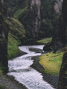 river between rock mountain with green leaf tree during daytime thumbnail