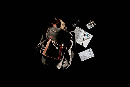 gray and brown bucket backpack beside book thumbnail