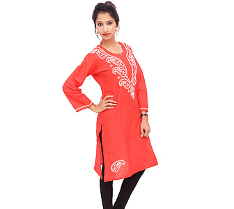 women's red and white scoop-neck long-sleeved dress thumbnail