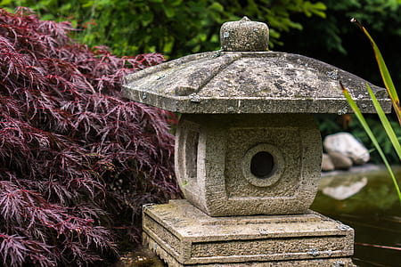 brown concrete post lamp beside maroon leaf plant thumbnail