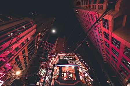 worm's eye view photography of buildings at night thumbnail