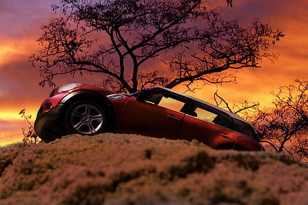 red Mini Cooper 5-door hatchback parked beside tree silhouette under golden hour thumbnail