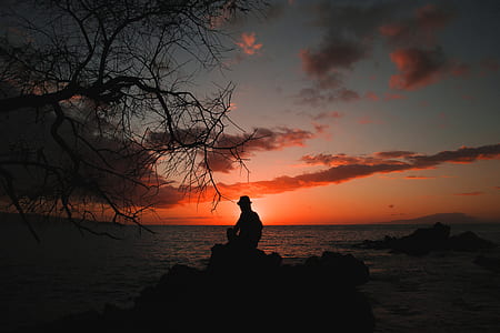 Silouhette of Person Seating on Stones Behind Body of Water thumbnail