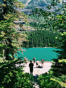 people beside blue lake and pine trees during daytime thumbnail
