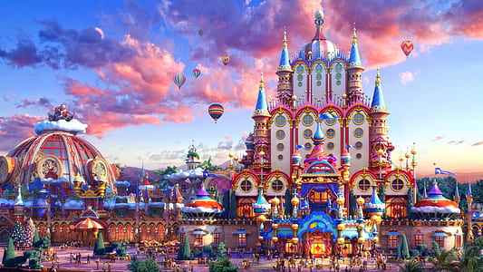 colorful castle with hot air balloons thumbnail