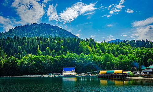 white and blue house near body of water under blue sky thumbnail
