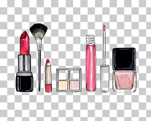Cosmetics Drawing Make-up artist Makeup brush Eye shadow, Cartoon Cosmetics, red lipstick, makeup palette and makeup brush drawing illustration PNG clipart