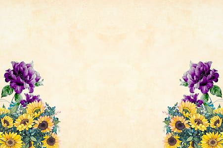 Purple and Yellow flowers on corners of light background. thumbnail