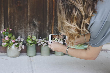 woman capturing flowers using iPhone thumbnail