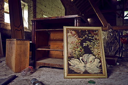 white swan painting with brown wooden frame beside brown wooden TV stand thumbnail