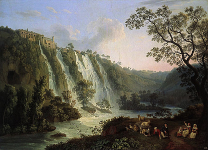 people on pathway beside waterfalls painting thumbnail
