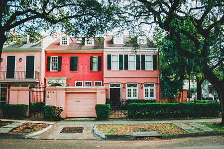 road in front of pink house near trees thumbnail