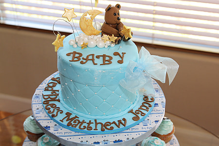 blue Baby fondant cake with bear cake topper thumbnail