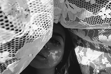 grayscale photography of lace curtain window thumbnail