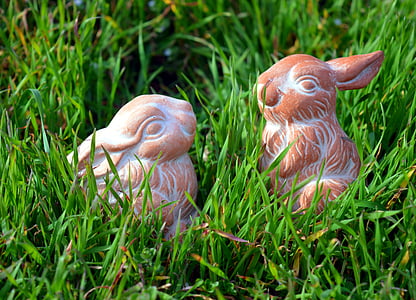 two brown rabbit figurines on grass thumbnail