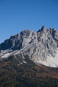 mountain near forest under clear blue sky thumbnail