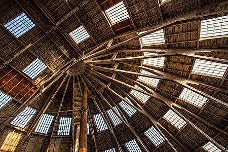 Wide angle shot showing wooden building roof details, image captured in Chatham, Kent, England thumbnail