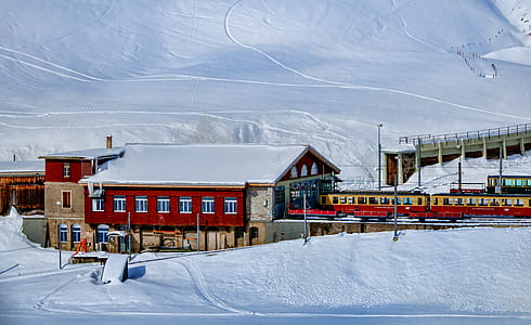 Yellow and Red Train Beside Snowy Mountain thumbnail