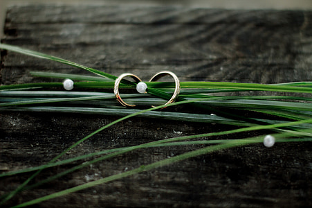 gold-colored couple ring on grass thumbnail